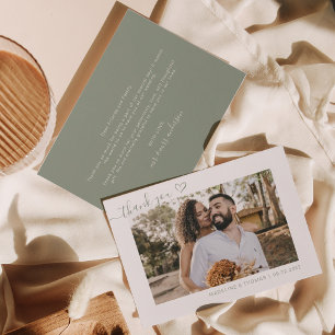 Cartão De Agradecimento Sage Green Boho Simple Photo Heart Script Wedding