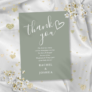 Cartão De Agradecimento Sage Green Chá de fraldas Script Heart Poem