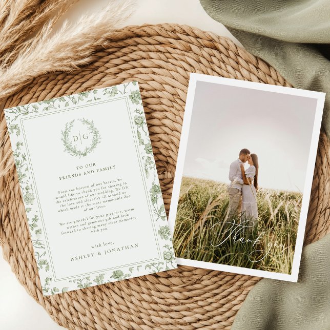 Cartão De Agradecimento Sage Green Chinoiserie Foto Casamento (Criador carregado)
