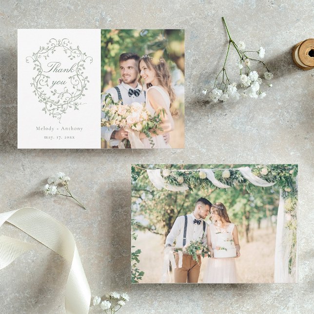 Cartão De Agradecimento Sage Green Classic French Floral Crest 2 Foto (Front & Back)