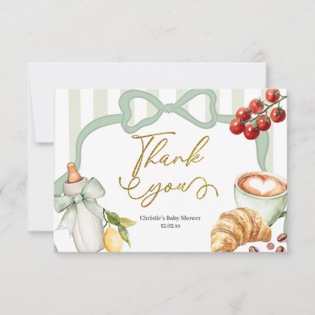 Cartão De Agradecimento Sage Green Coquette Stripes Italy Ciao Baby (Frente)