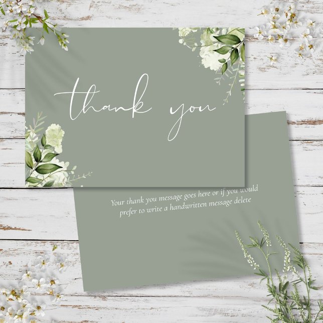 Cartão De Agradecimento Sage Green Floral Elegante Personalizado (Personalized Sage Green Floral Elegant Script Thank You Card)