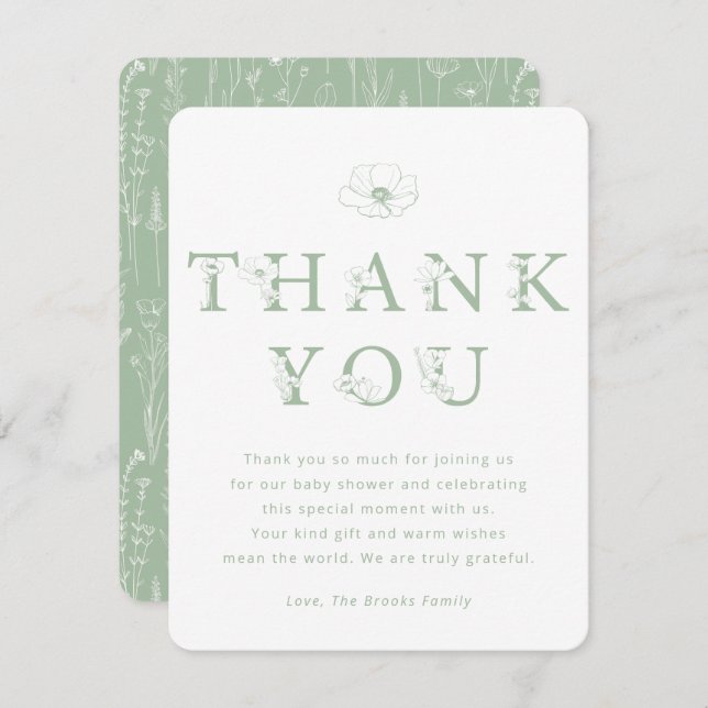 Cartão De Agradecimento Sage Green Floral Thank You Card | Baby Shower (Frente/Verso)