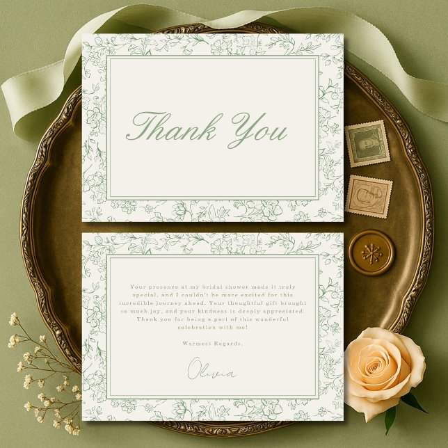 Cartão De Agradecimento Sage Green French Ivory Bridal Shower Thank You (Criador carregado)