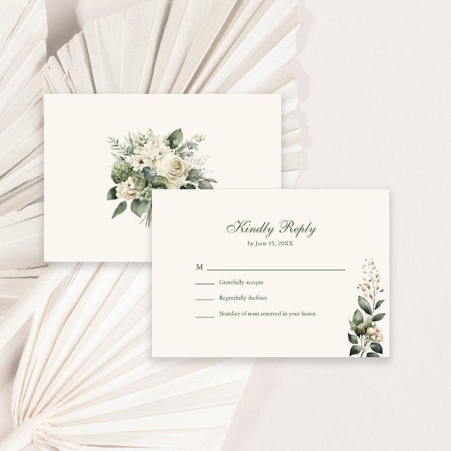 Cartão De Agradecimento Sage Green & Ivory Wildflower Nupcial RSVP Card (Sage Green & Ivory Wildflowers Wedding RSVP Card on a sunny white table with dry palm leaf.)