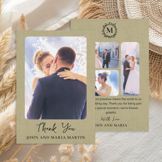 Cartão De Agradecimento Sage Green Linen Casamento Foto Colagem Obrigado (Elegant sage green linen design wedding photo collage Thank You card)