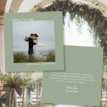 Cartão De Agradecimento Sage Green Love & Obrigados Foto & Note Weding<br><div class="desc">Este simples casamento, obrigado cartas, apresenta uma design minimalista com sua foto em um fundo verde sábio. A legenda justificada à esquerda na frente lê Amor e Obrigados, com seus nomes justificados logo abaixo dando ao cartão um olhar moderno e simétrico. As costas têm espaço para uma mensagem ou nota...</div>