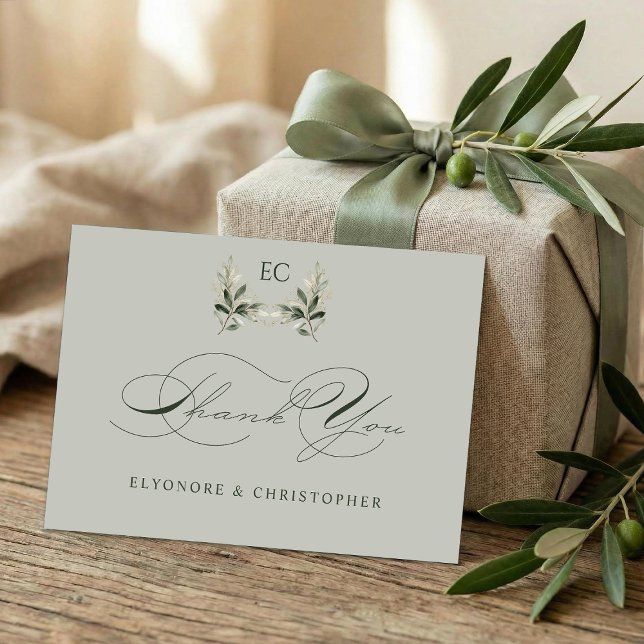 Cartão De Agradecimento Sage Green Olive Branch Monogram Wedding (Criador carregado)