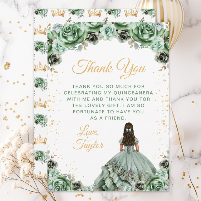 Cartão De Agradecimento Sage Green Princess Floral Quinceañera (Criador carregado)