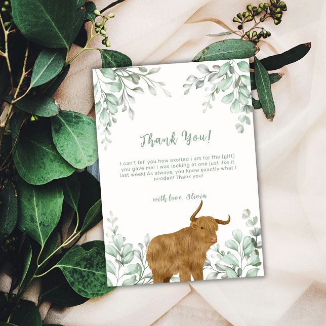 Cartão De Agradecimento Sage Green Santa Vaca Boho Chá de fraldas Verde (Sage Green Holy Cow Boho Greenery Baby Shower Thank You Card)