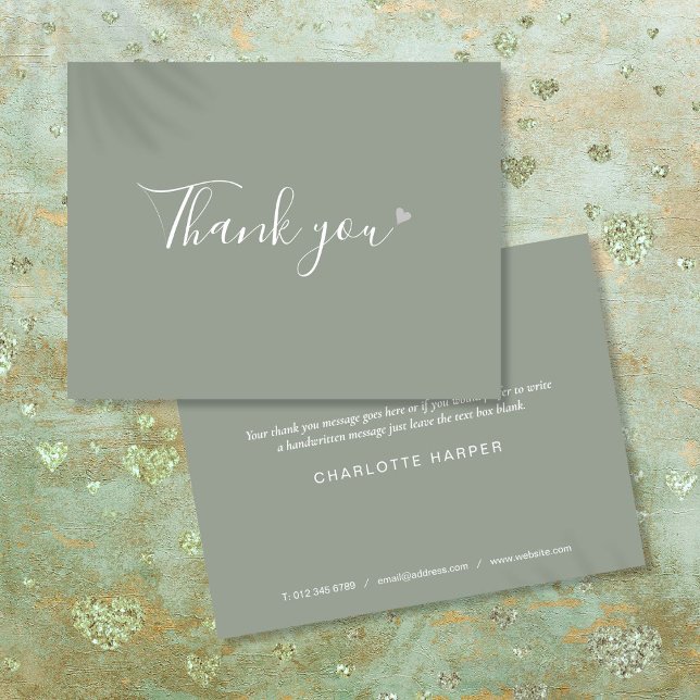 Cartão De Agradecimento Sage Green Silver Heart Chic Script Business (Sage Green Silver Heart Chic Script Business Thank You Card)