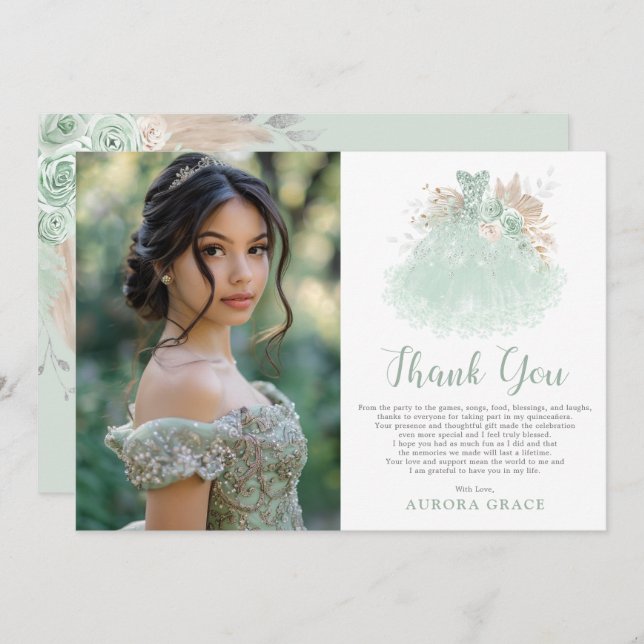 Cartão De Agradecimento Sage Green Silver Quinceañera Vestida Foto de Aniv (Frente/Verso)