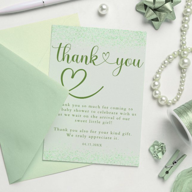Cartão De Agradecimento Sage Green Thank You Heart Confetti Script (Criador carregado)