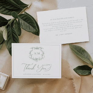 Cartão De Agradecimento Sage Green Victorian Barroco Floral Crest Casament
