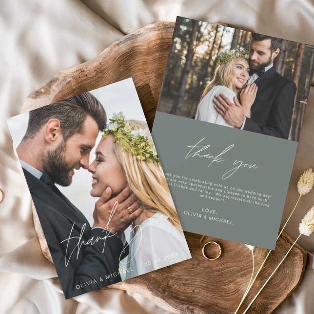 Cartão De Agradecimento Sage Green Wedding Manuscrito Obrigado 2 Fotos (Criador carregado)