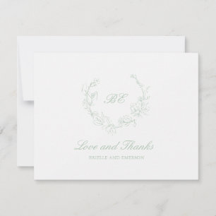 Cartão De Agradecimento Sage Green Wreath Monograma Foto Elegante Casament