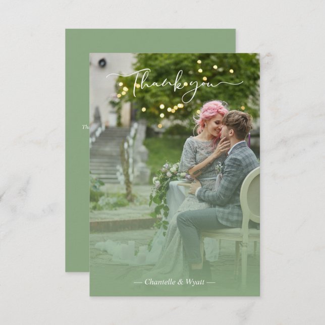 Cartão De Agradecimento Sage Newlyweds Photo Simple Calligraphy Script (Frente/Verso)