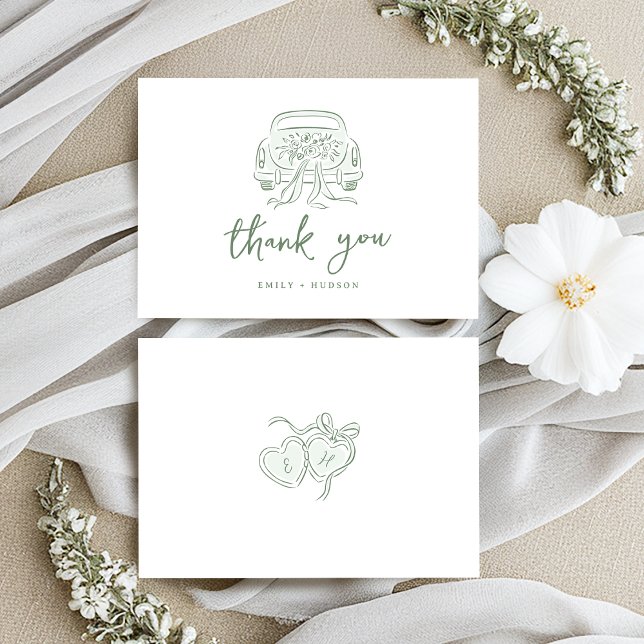 Cartão De Agradecimento Sage Sketched Just Married Car Couples Monogram (Sage Sketched Just Married Car Couples Monogram Thank You Card)