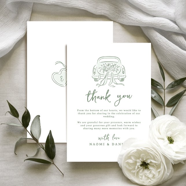 Cartão De Agradecimento Sage Sketched Just Married Car Couples Monogram (Sage Sketched Just Married Car Couples Monogram Thank You Card)