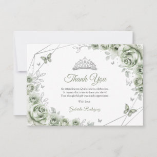 Cartão De Agradecimento Sage Verde Prata Floral Quinceanera