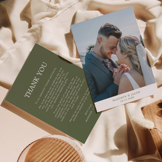 Cartão De Agradecimento Sage Verde Simples Com Casamento Fotográfico (Criador carregado)