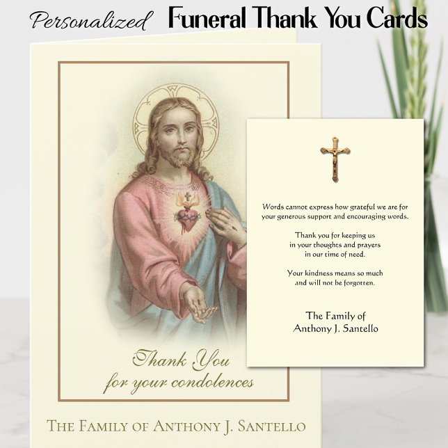 Cartão De Agradecimento Sagrado Coração Jesus Condolência Católica Obrigad (Personalized Catholic Sacred Heart of Jesus Funeral Memorial Thank You Cards)