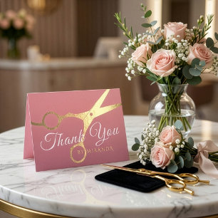 Cartão De Agradecimento Salão de Cabelereiro Pink Gold Tesoura Obrigado