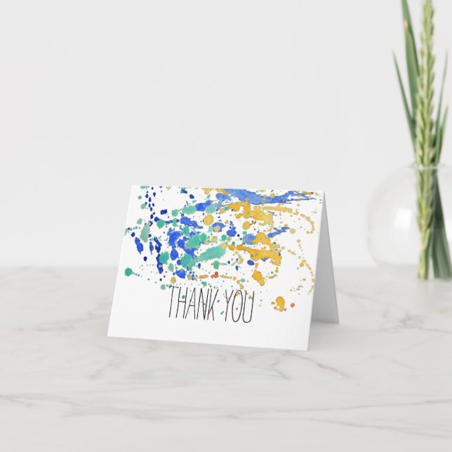 Cartão De Agradecimento Salpicos de Tinta Aquarela Obrigado (Frente)