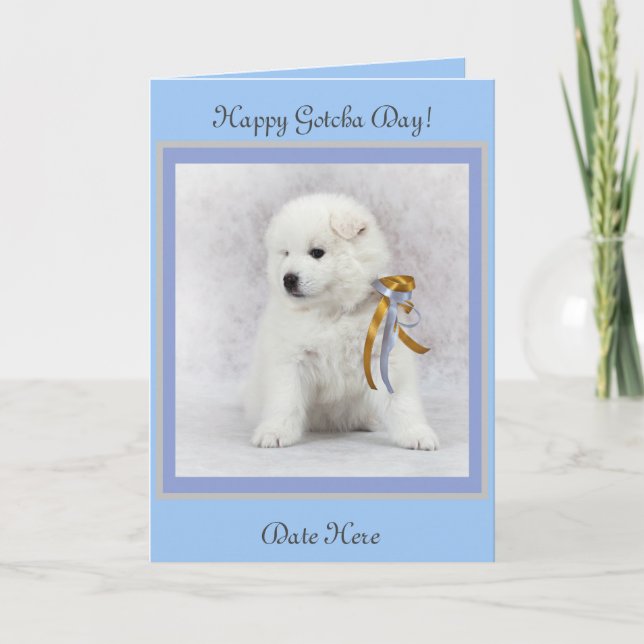 Cartão De Agradecimento Samoyed Puppy & Ribbons Card Customize Text & Date (Frente)