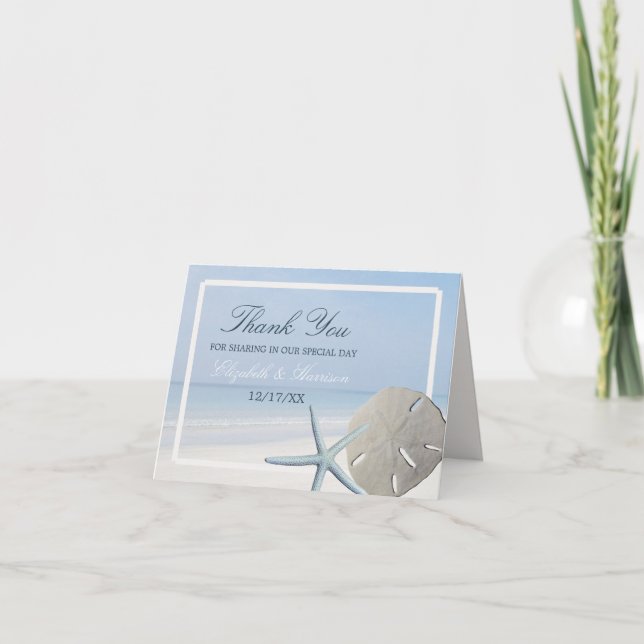 Cartão De Agradecimento Sand Dollar and Starfish Beach Wedding Thank You (Frente)