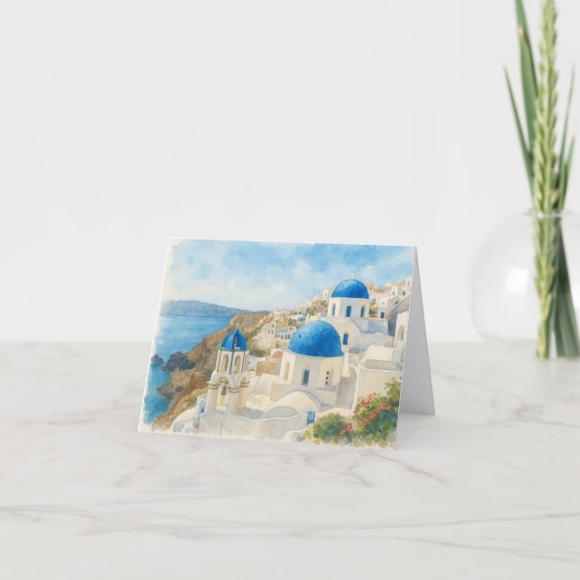 Cartão De Agradecimento Santorini Grécia Aquarela Igreja da Cúpula Azul Ar (Frente)