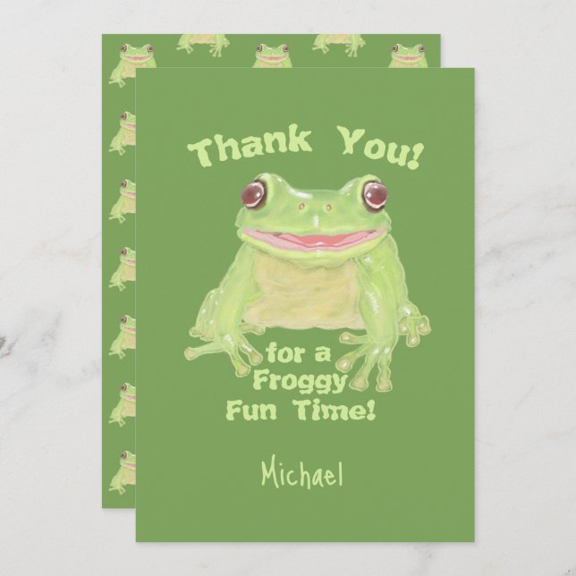 Cartão De Agradecimento Sapo verde-giro - festa do aniversário de criança. (Frente/Verso)