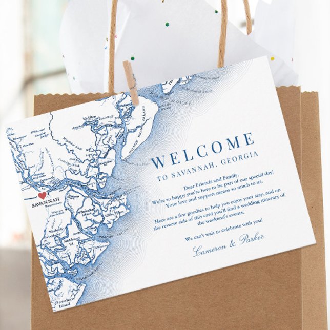 Cartão De Agradecimento Savannah Georgia Marinho Wedding Itinerário (Elegant Savannah Georgia Welcome Letter wedding itinerary thank you card in navy blue )