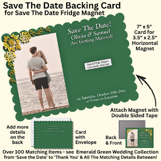 Cartão De Agradecimento Save The Date, Magnet Backing Card Gold Emerald 