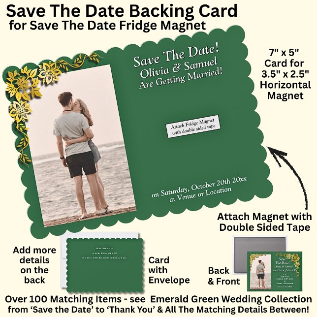 Cartão De Agradecimento Save The Date, Magnet Backing Card Gold Emerald  (Criador carregado)