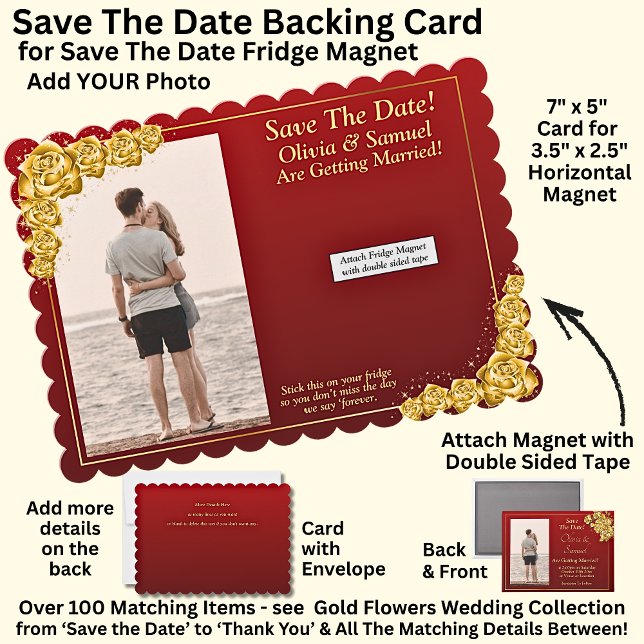 Cartão De Agradecimento Save The Date, Magnet Backing Card Gold Flowers (Criador carregado)