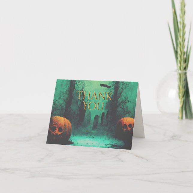 Cartão De Agradecimento Scary Graveyard e Pumpkins Halloween entalhado (Frente)