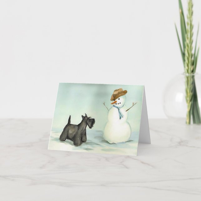 Cartão De Agradecimento Scottish Terrier encontra o Snowman Dog Art Note C (Frente)