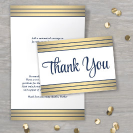 Cartão De Agradecimento Script Azul Elegante de Marinho e faixas Douradas 