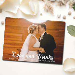 Cartão De Agradecimento Script Branco de Foto de Casamento Simples e Obrig