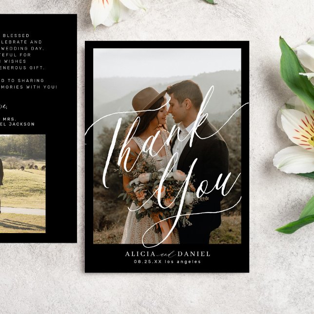 Cartão De Agradecimento Script de caligrafia moderna 2 fotos casamento (Criador carregado)