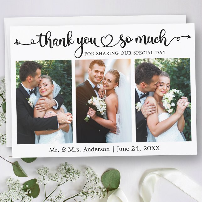Cartão De Agradecimento Script de Caligrafia para Casamento Coração 3 Foto (Customize to change your personalized text size or text style.)