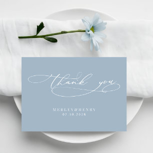 Cartão De Agradecimento Script de Caligrafia Simples Casamento Azul Empoei