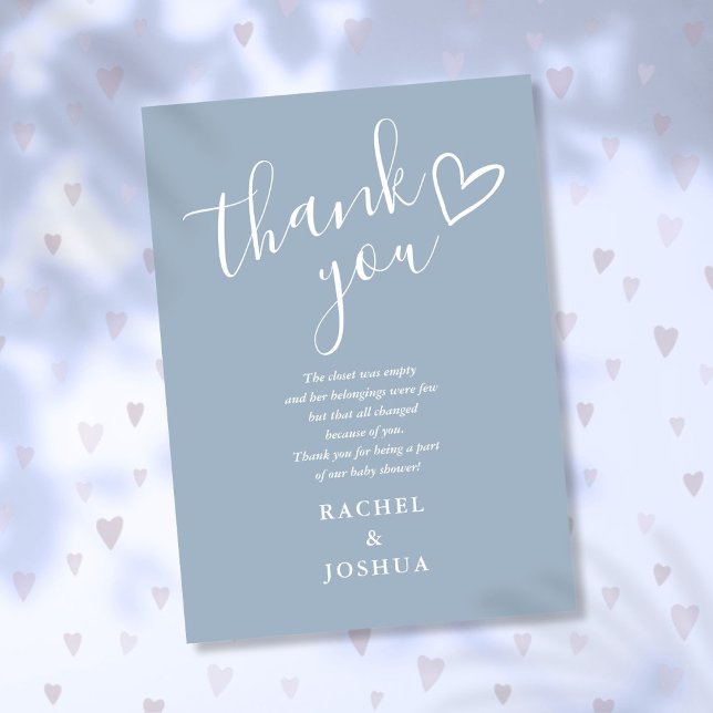 Cartão De Agradecimento Script de Chuveta de Bebê Menino Azul Empoeirado P (Dusty Blue Boy Baby Shower Script Heart Poem Thank You Card)