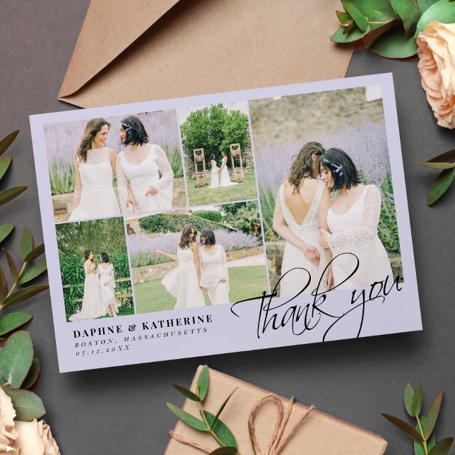 Cartão De Agradecimento Script de Colagem de Fotos de Casamento de lavanda (Criador carregado)