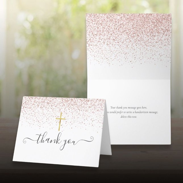 Cartão De Agradecimento Script de Crucifix Dourado Glitter rosa Dourado (Rose Gold Glitter Gold Crucifix Script Thank You Card)