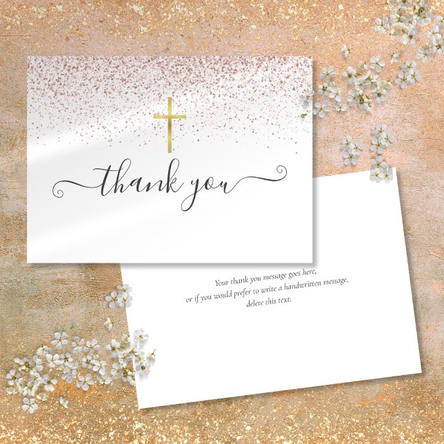 Cartão De Agradecimento Script de Crucifix Dourado Glitter rosa Dourado (Rose Gold Glitter Gold Crucifix Script Thank You Card)