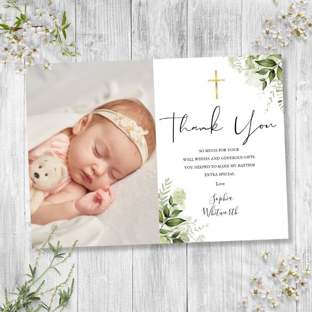 Cartão De Agradecimento Script de foto de baptizado com folhagem (Baptism Christening Greenery Photo Script Thank You Card)