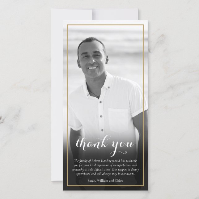 Cartão De Agradecimento Script de Foto Preto e Branco de Funeral Elegante (Frente)