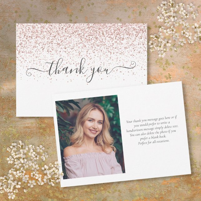 Cartão De Agradecimento Script de Fotografia Glitter Dourada do Rosa moder (Modern Rose Gold Glitter Photo Script Thank You Card)